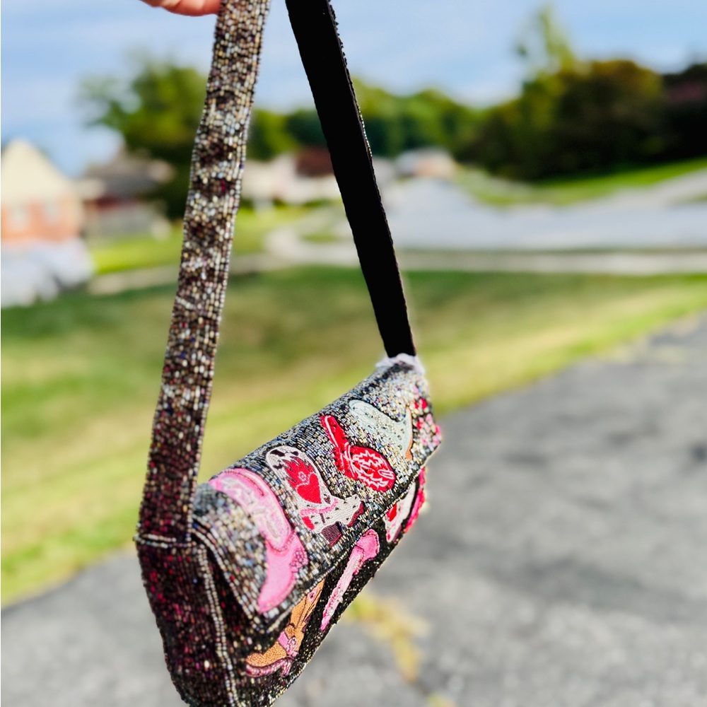Viral Cowboy Boot Beaded Shoulder Bag Black Western Rodeo Purse Y2K - Picture 4 of 12